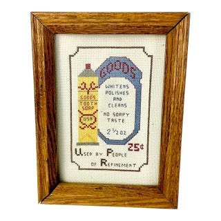 1970s Vintage Americana Folk Art Cross Stitch Goods Toothpaste Ad. Framed. For Sale
