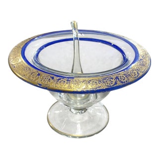 Antique French Glass Condiment or Caviar Dish W/Enamel and Gild 4" H For Sale