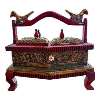 Vintage Indian Hand-Carved Trinket Box With Bird Handle Double Lid Decorative Storage For Sale