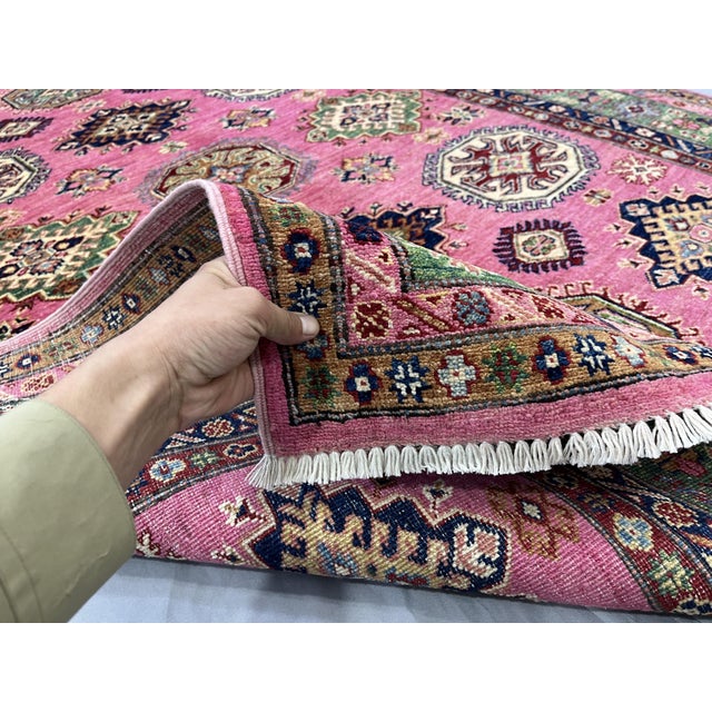 Pink Pink Kazak Tribal Rug With Green Border, 4'11" X 6'8" For Sale - Image 8 of 13