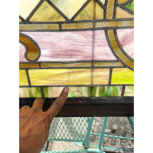 Antique Art Nouveau Colored Stained Glass Fruit 27 X 75 Arched Transom Window, B For Sale - Image 9 of 18
