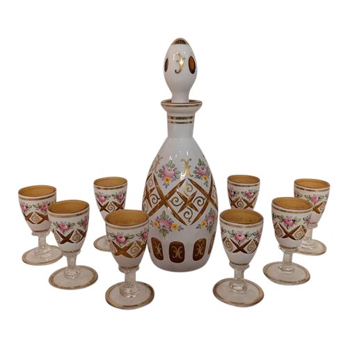 1960s Bohemian Glass Decanter and 8 Cordials- 9 Pieces