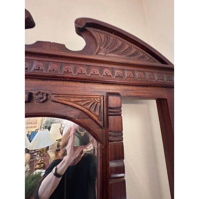 Wood Antique Mahogany Hall Tree With Oval Mirror For Sale - Image 7 of 8