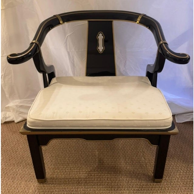 Pair of vintage black lacquer Ming chairs with brass details designed by James Mont for Century Furniture Circa 1960s/1970s