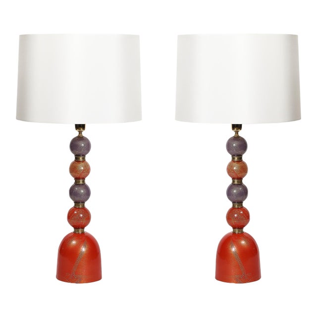 Mid-Century Hand-Blown Coral Red & Lilac Murano Glass Stacked Ball Table Lamps For Sale