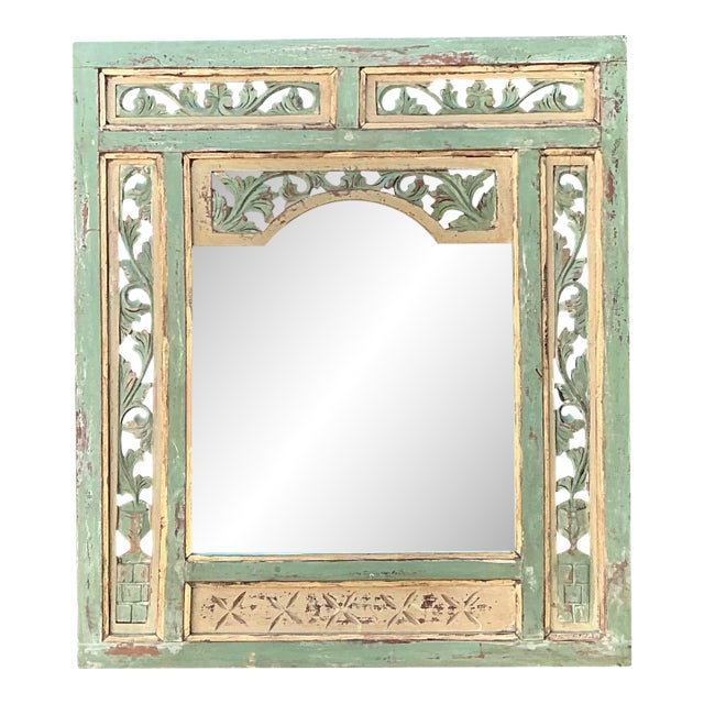 Vintage Distressed Carved Wood Mirror For Sale