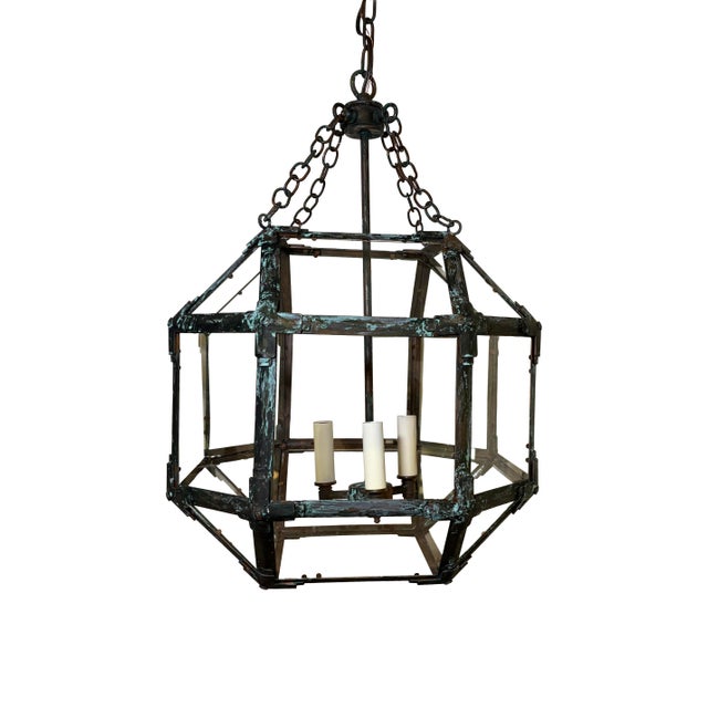 Mid-Century Modern Mid 20th Century Octagonal Lantern Chandelier With Verdigris Finish For Sale - Image 3 of 6