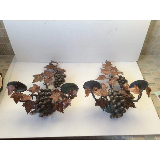 Brown Polychrome Painted Tole Grape Candle Sconces - A Pair For Sale - Image 8 of 10