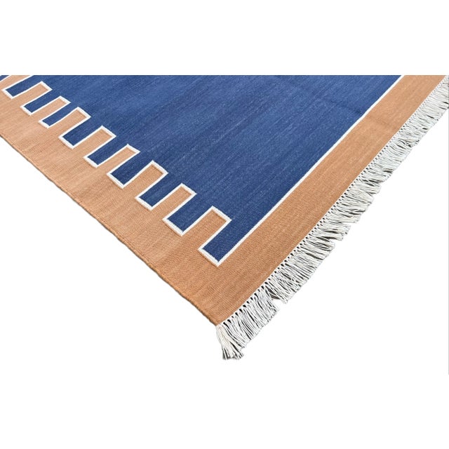 Blue Not Yet Made - Made To Order Handmade Cotton Vegetable Dyed Blue, Cream and Tan Zig Zag Striped Rug-5'x7' For Sale - Image 8 of 12