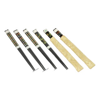 Vintage Japanese Oriental Chopsticks W/ 2 Custom Silk Gold Sleeves - 6 Pc Set For Sale