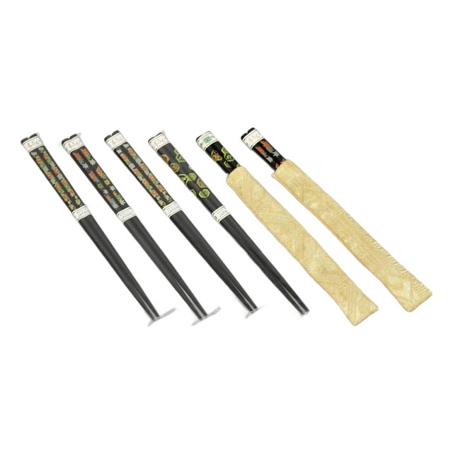 Vintage Japanese Oriental Chopsticks W/ 2 Custom Silk Gold Sleeves - 6 Pc Set For Sale