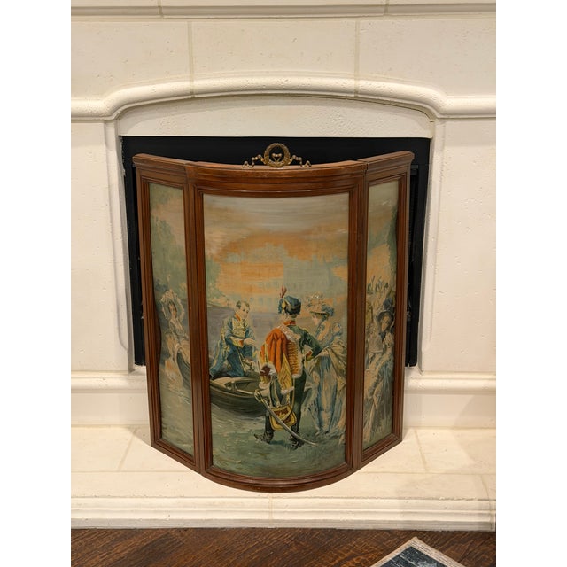 19th Century Napoleon III Style Three-Panel Painted Canvas Fireplace Screen For Sale - Image 10 of 15