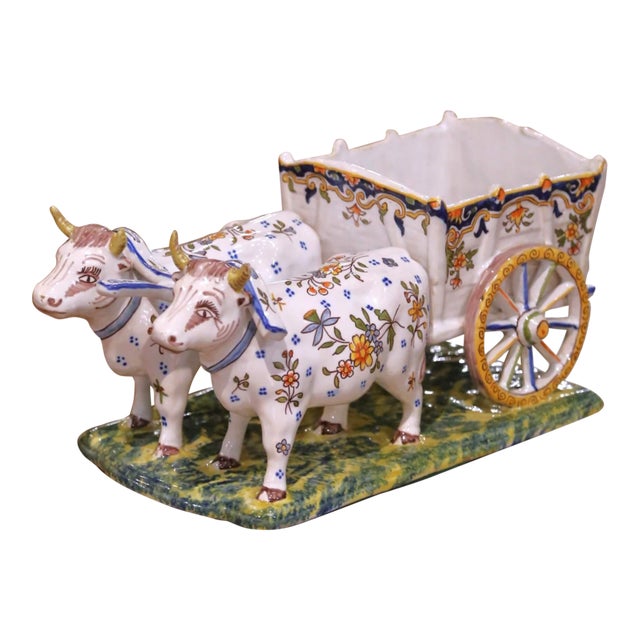 Early 20th Century French Quimper Faience Ox Cart Planter or Vide Poche For Sale