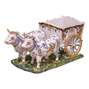 Early 20th Century French Quimper Faience Ox Cart Planter or Vide Poche
