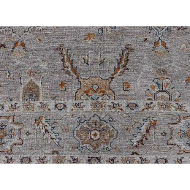 Turkish Angora Oushak Rug With Light Gray Field and Warm Earth Tone Accents For Sale - Image 12 of 17