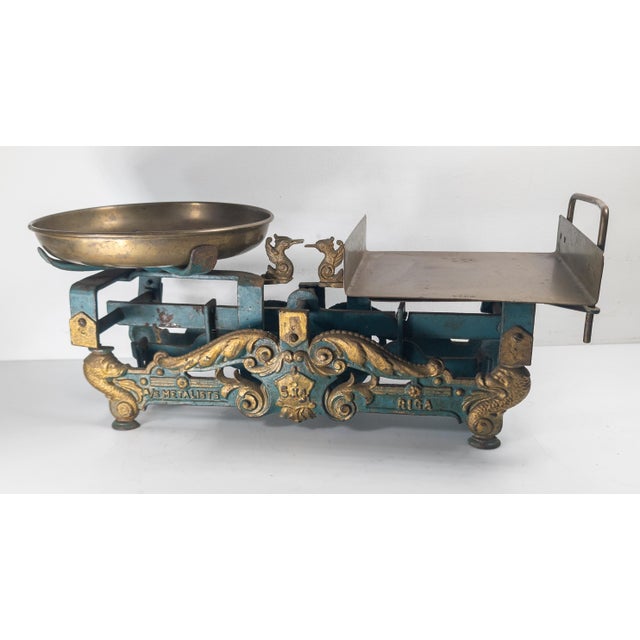 Metal Early 20th Century Turquoise Teal and Gold Cast Iron Grocery Scale Balance For Sale - Image 7 of 18
