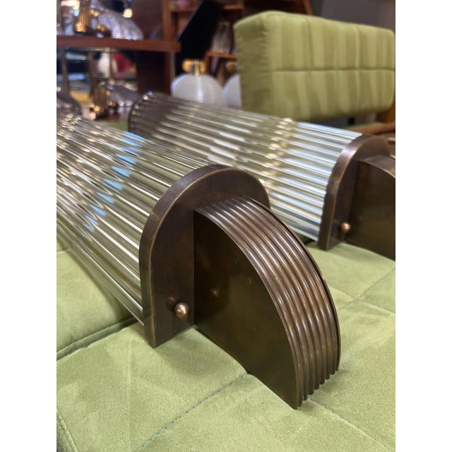 Pair of Vintage Italian Art Deco Wall Sconces in Bronze and Glass For Sale - Image 4 of 14