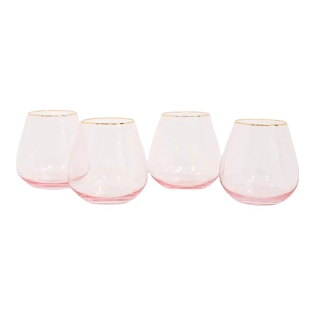 Siren Short Stemless Goblets - Rosewater with Gold Rim, Set of 4 For Sale
