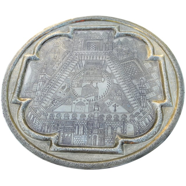 Moroccan Antique Hand-Crafted Brass Tray W/ Fine Engravings For Sale - Image 3 of 6