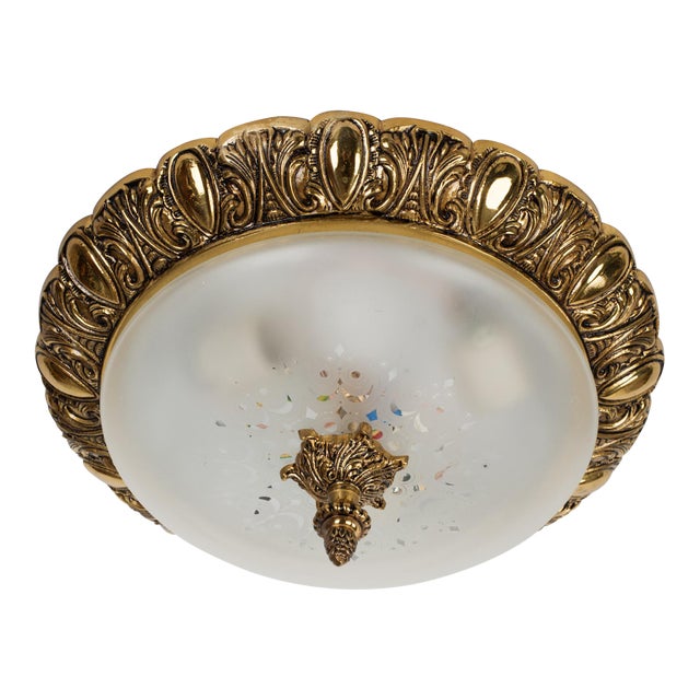 1960s Brass & Frosted Glass Flush Mount Fixture For Sale