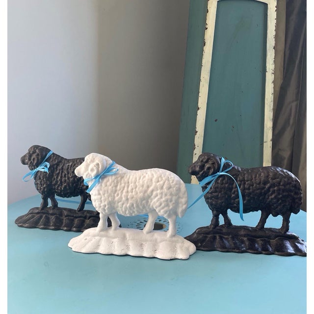 Antique 19thC Cast Iron Ram Door Stops Set of 3, 2 Black 1 White Free-Standing Heavy For Sale - Image 18 of 18