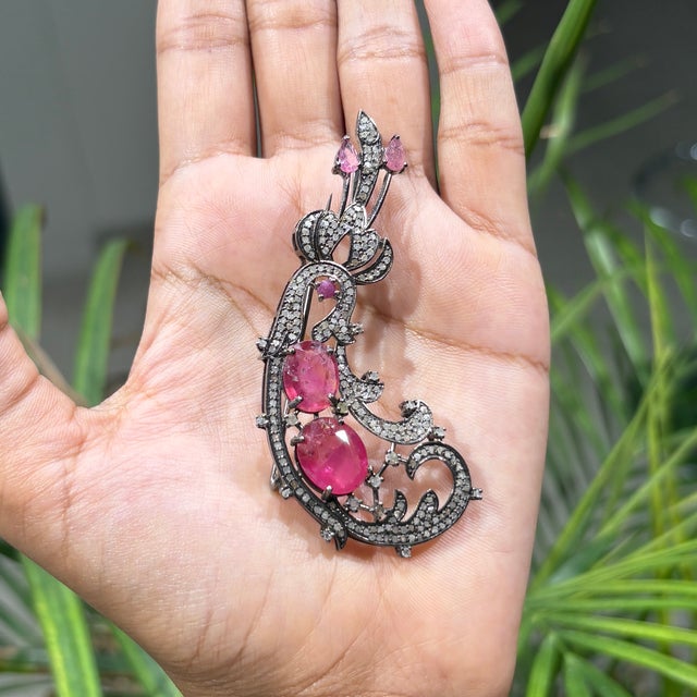 Vintage Inspired 9 Ct Ruby & Diamond Scrollwork Statement Brooch Pendant For Sale - Image 10 of 15