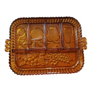 1970s Amber Indiana Glass Fruit Motif 5-Section Serving Tray For Sale