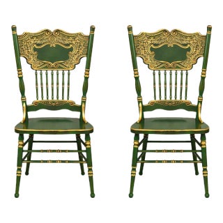 Pair of Vintage Spindle-Back Accent Chairs — Forest Green Lacquer With Gilded Scrollwork — Sculptural Statement Seating (42” High) For Sale