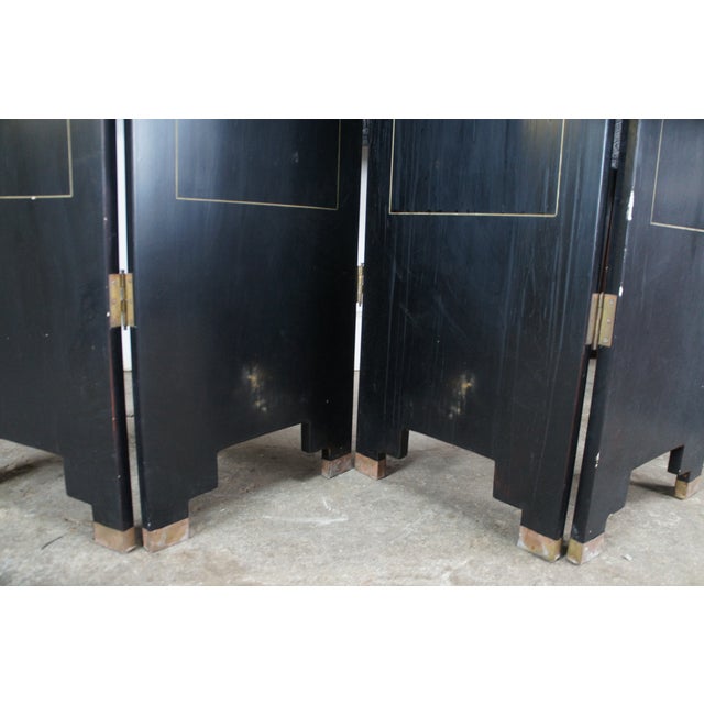 Vintage Chinese Black Lacquer 4 Panel Hand Painted Folding Screen Room Divider For Sale - Image 16 of 18