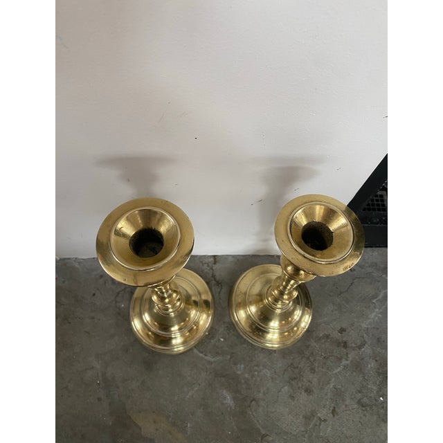 Early 19th Century Pair French 19th Century Candlesticks Solid Brass Early Round Baluster Stems Candle Holders For Sale - Image 5 of 10