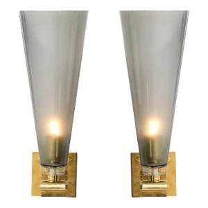 Modernist Conical Smoked Graphite Hand-Blown Murano Glass & Brass Sconces