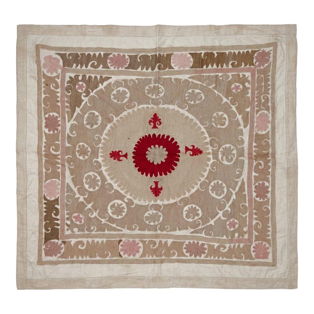 Suzani Tablecloth - Neutral Tan Uzbek Tablecloth 5'6'' X 4'6'' For Sale