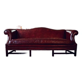 Mid 20th Century Gunlocke Oxblood Leather Camelback Sofa With Nailhead Trim For Sale