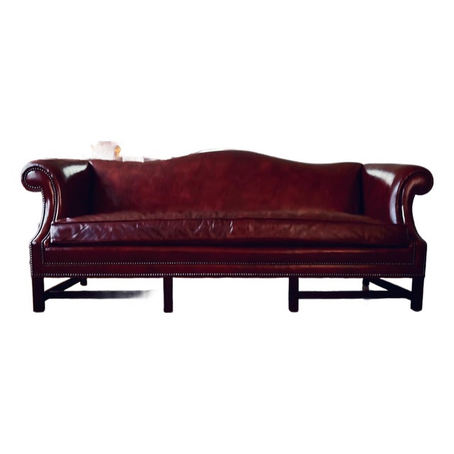 Mid 20th Century Gunlocke Oxblood Leather Camelback Sofa With Nailhead Trim For Sale