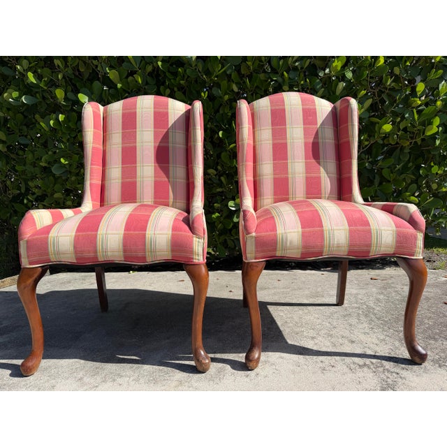 Late 20th Century Vintage English-Style Wingback Host Dining Chairs With Cabriole Legs, Pair For Sale - Image 5 of 16