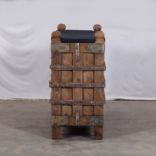 Antique Indian Teakwood and Brass Damachiya, 38″h (With Finials) X54x19 For Sale - Image 4 of 6