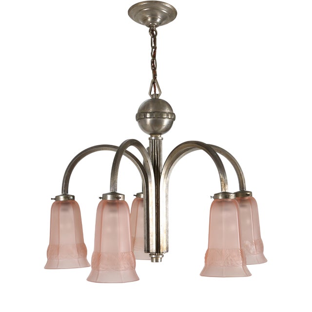 Art Deco Chandelier with Etched Pink Glass Shades, 1930s For Sale