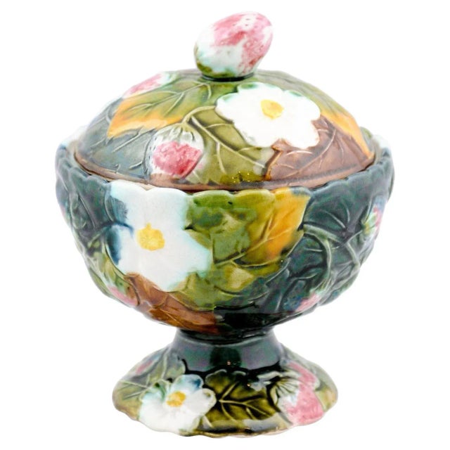 19th Century French Lidded Majolica Strawberry Bowl with Flowers and Foliage For Sale - Image 13 of 13