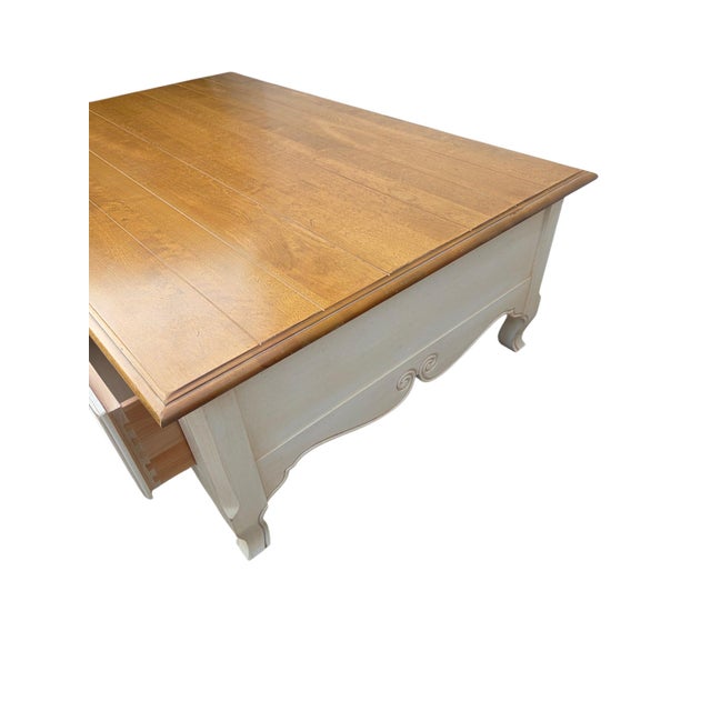 French Country Vintage Ethan Allen French Country Coffee Table 4 Drawer Map Chest Distressed For Sale - Image 3 of 11