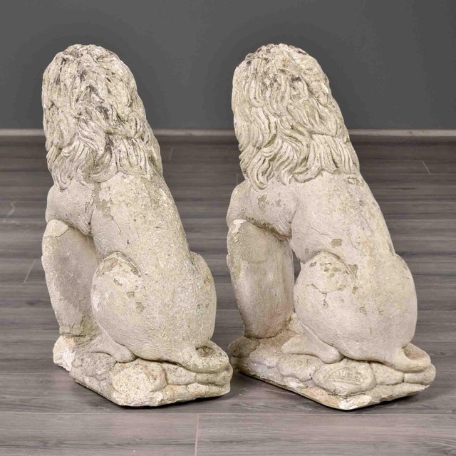 Pair of Vintage French Cast Stone Seated Lion Garden Statues For Sale - Image 10 of 10