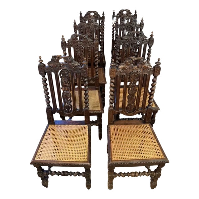 Antique Victorian Carved Oak Dining Chairs, 1860, Set of 8 For Sale