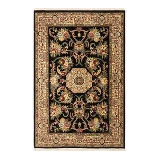 Shabby Chic Medallion 1990's Pak-Persian Black/Beige Wool Rug - 4'2'' X 6'2'' For Sale