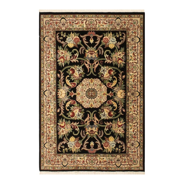 Shabby Chic Medallion 1990's Pak-Persian Black/Beige Wool Rug - 4'2'' X 6'2'' For Sale