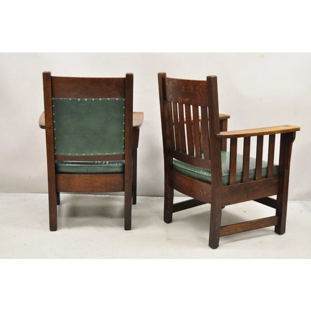 Early 1900s Mission Oak Arts & Crafts Stickley Jm Young Style Lounge Arm Chairs Green - Pair For Sale - Image 10 of 12