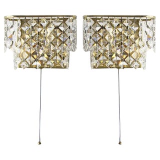 Hollywood Regency Brass and Crystal Glass Wall Lamps from Palwa, Set of 2 For Sale