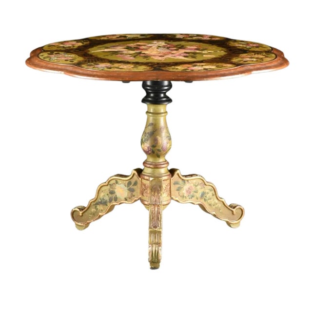 A lovely 19th Century Floral Hand-Painted Wood Tilt-Top Table with abalone shell inlaid and gilt detail. The painted wood...
