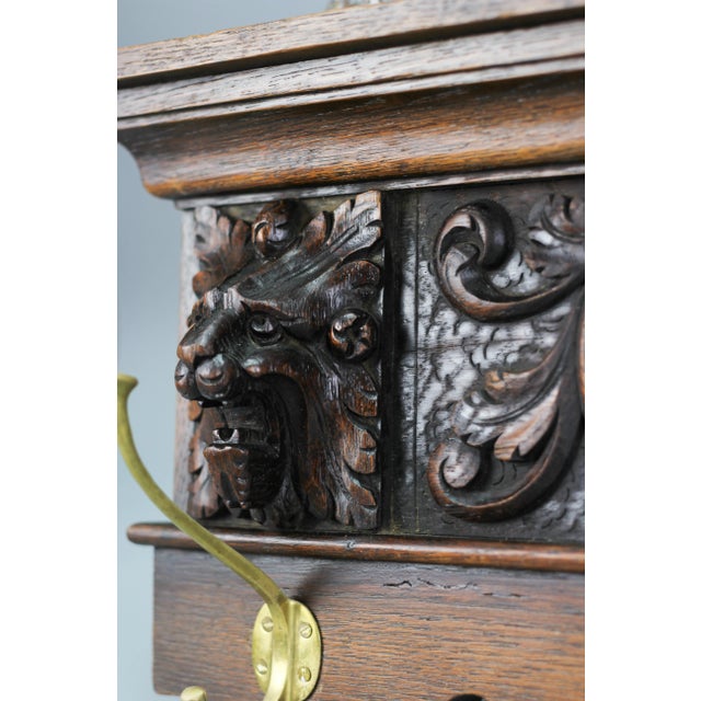 Antique French Hand-Carved Oak and Brass Wall Coat Rack with Lion Heads, 1900s For Sale - Image 4 of 18