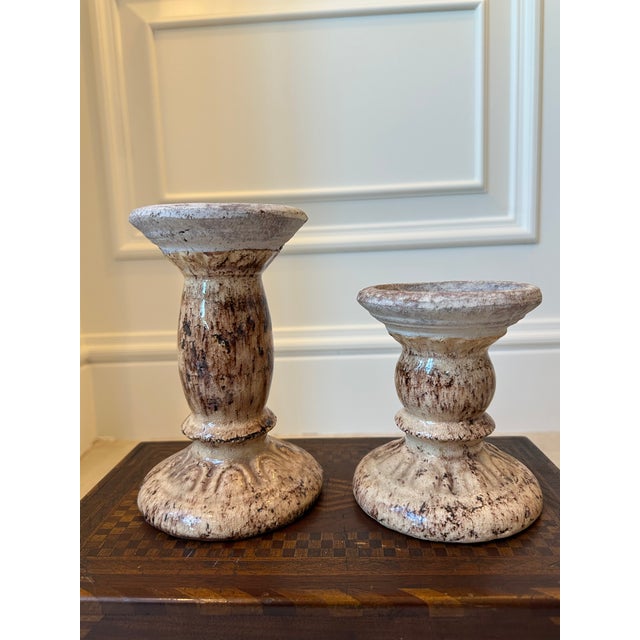 Vintage 7” French Glazed Terracotta Pillar Candleholder For Sale - Image 12 of 14