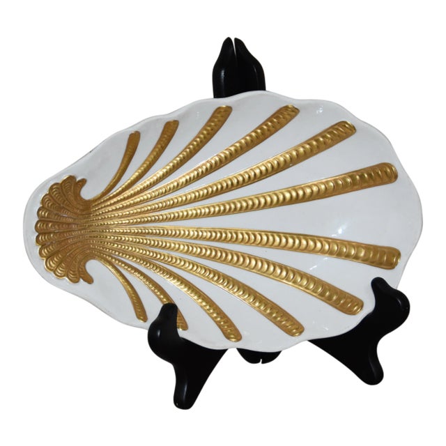 Marbro Italy MCM Gold & White Bisque Porcelain Gold Plated Trinket Shell Dish For Sale