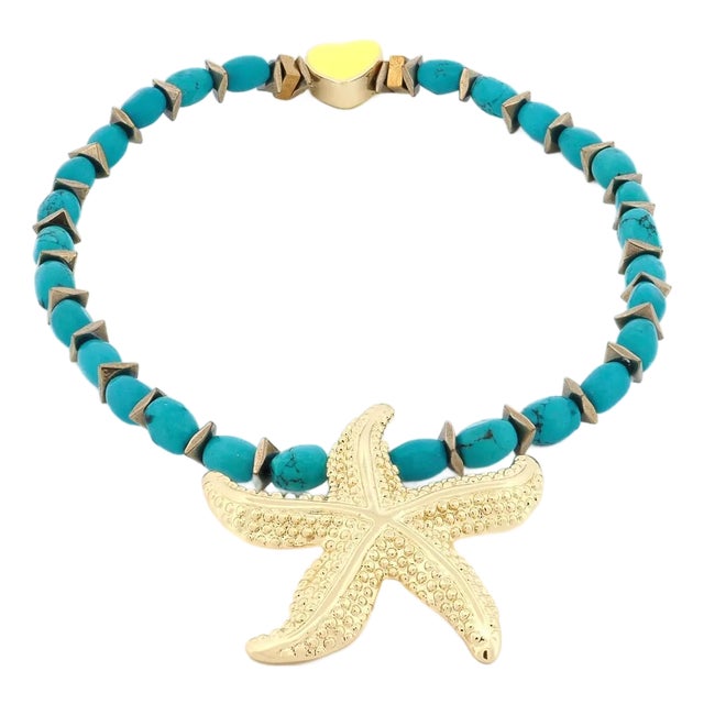 Majestic Starfish Charm Turquoise & Yellow Heart Beaded Anklet For Sale